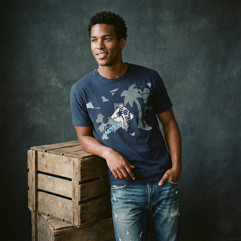 Local Motion Navy Graphic T Shirt Men’s Medium Y2K Surf Skate Tee Palm Tree Logo